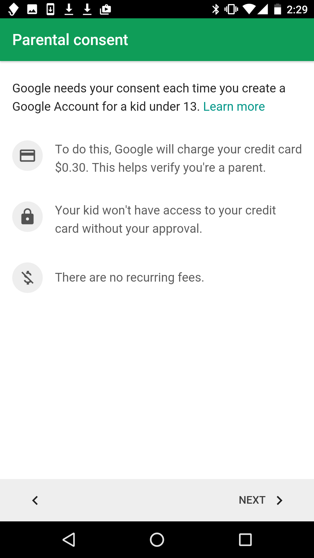 Creating account creates a 30-cent charge to ensure parents give clear consent.