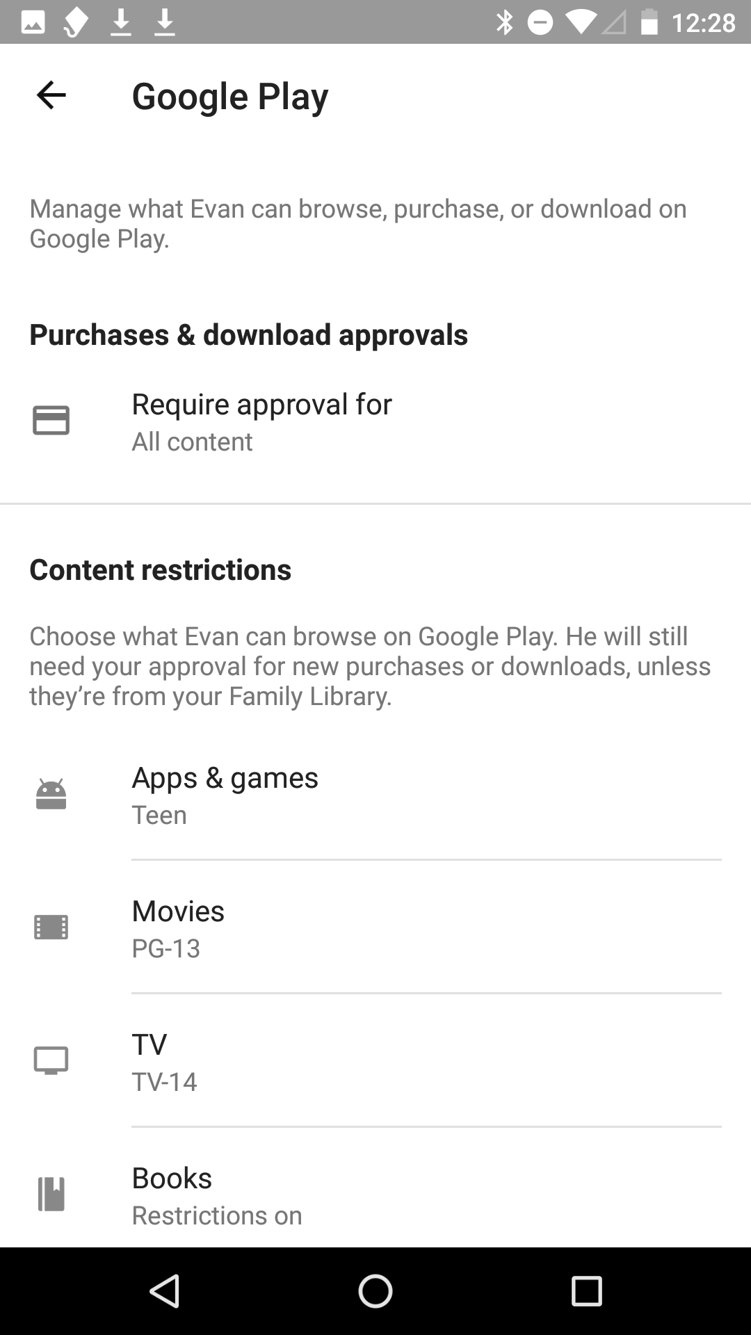 The parental controls for what your kid can do on Google Play.