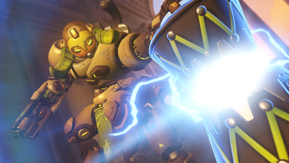 Orisa deploying her ultimate, Supercharger.