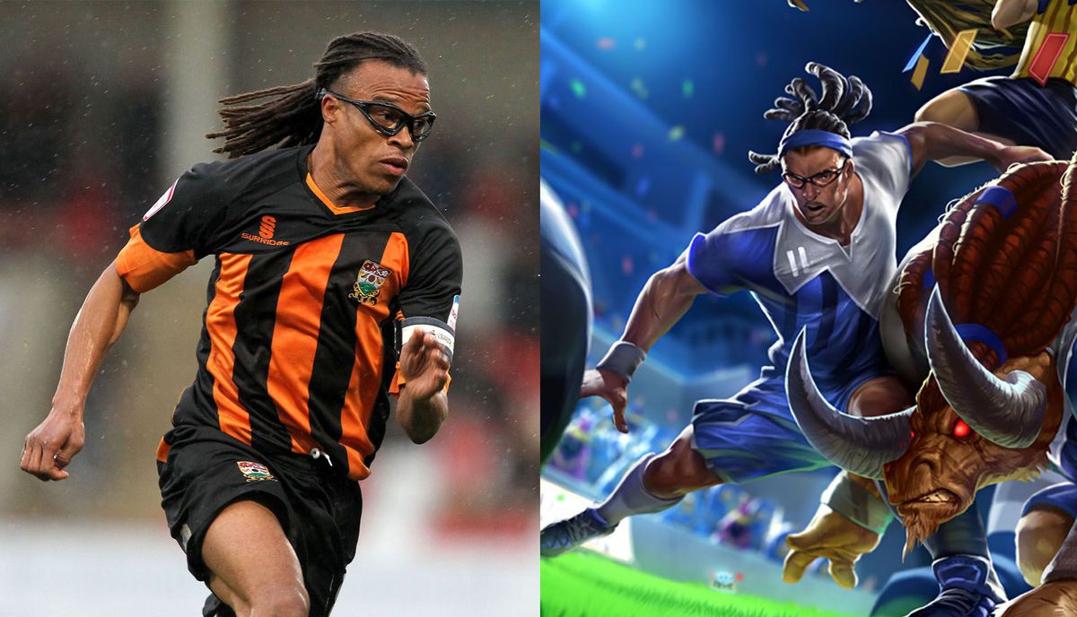 Edgar Davids on the left with his signature glasses, and the Striker Lucian skin artwork on the left.