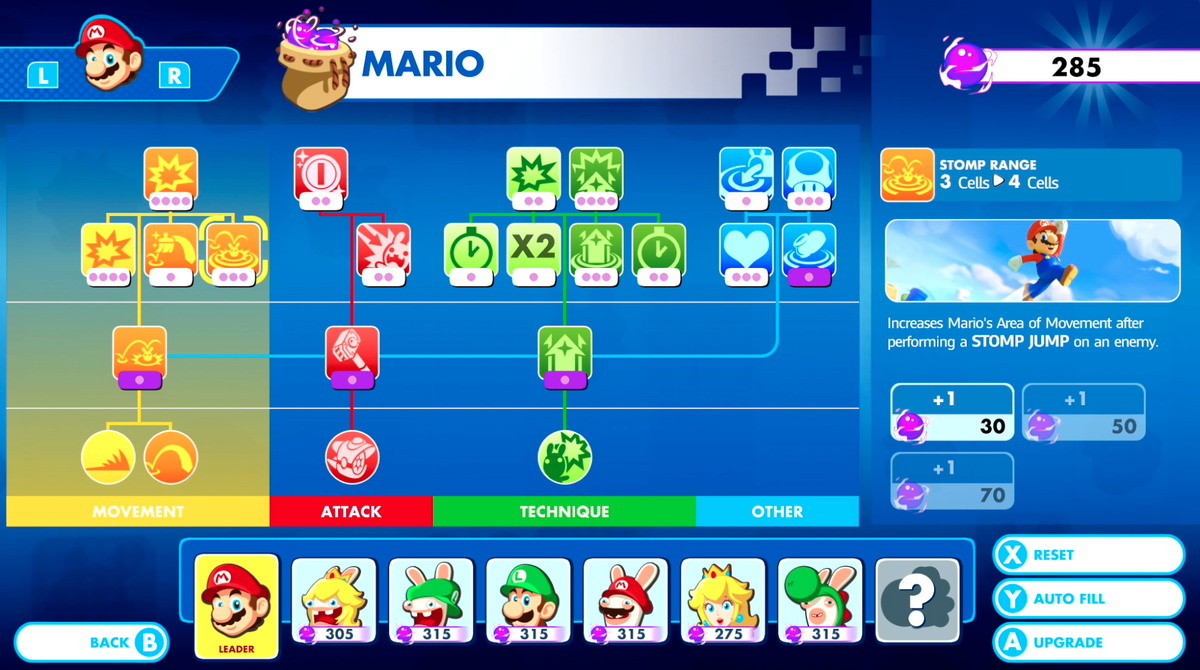 Mario's talent tree in 'Mario + Rabbids.'