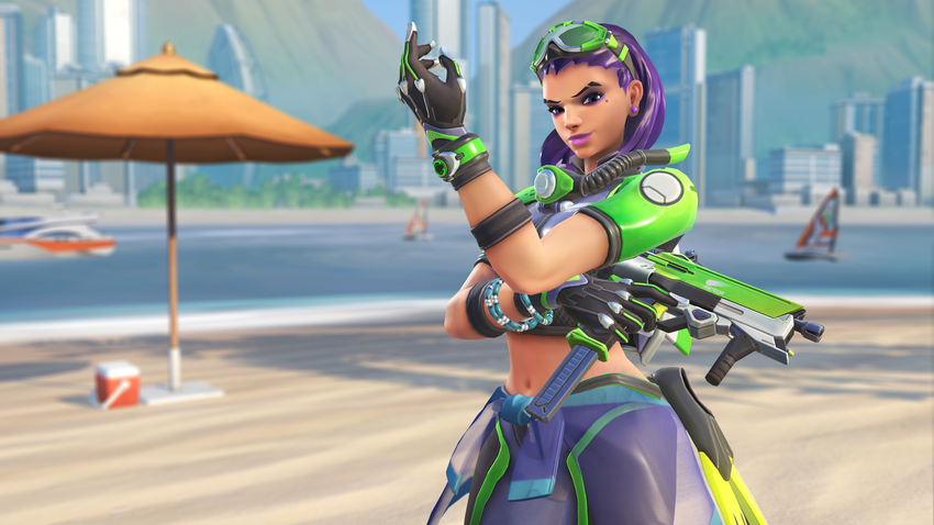 Sombra is ready to go snorkeling and do some underwater hacking with her '90s-style wetsuit.