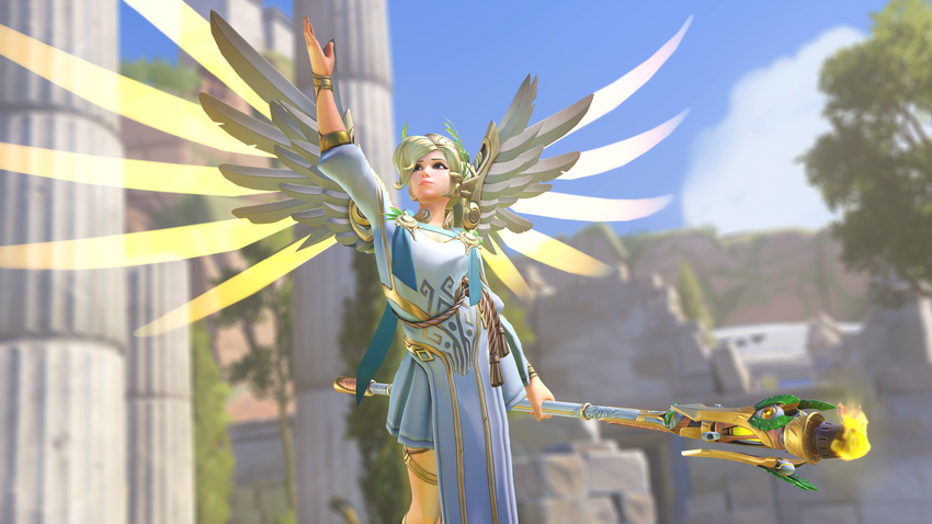 Mercy is throwing back to the old-school Olympics with this Greek get-up.