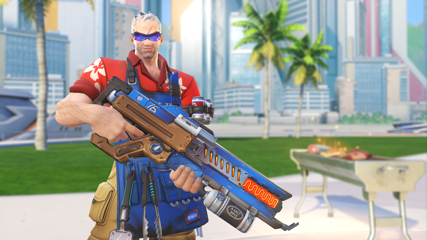 Soldier: 76 has gone full-on dad with the Hawaiian shirt, cargo shorts, and "A-Salt Rifle," ready to BBQ with the best. Also his health-restoring biotic emitters are beers now. 