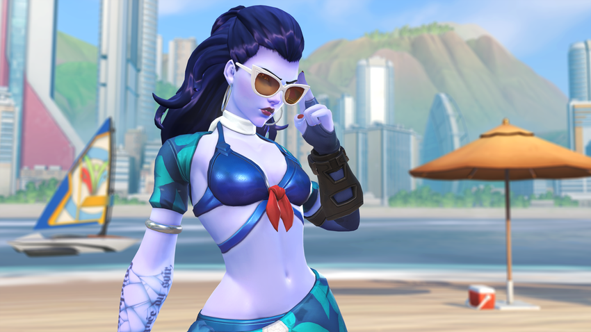 Widowmaker looks like she's ready to hit the runway with this fashionable bathing suit, or maybe kick your ass in beach volleyball.