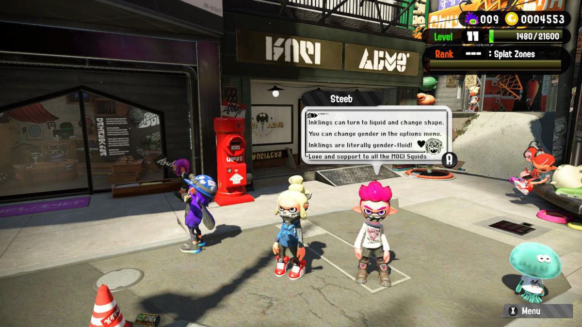 "Inklings can turn to liquid and change shape. You can change gender in the options menu. Inklings are literally gender-fluid!"